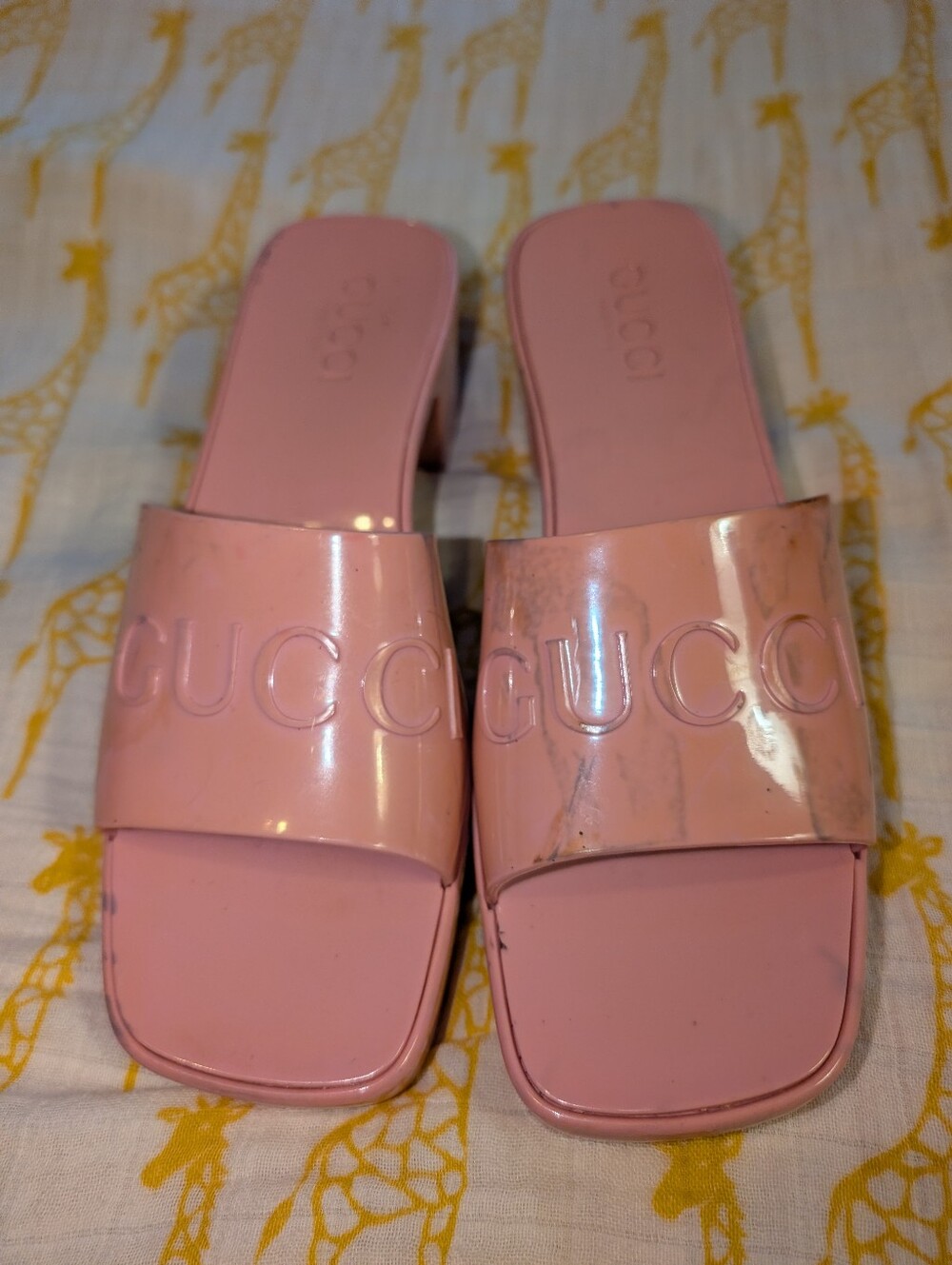 Gucci Rubber Platform Sandals Womens 37 Pink Block Heel Slides Shoes Size 7